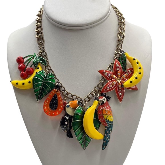 Betsey Johnson Jewelry - Betsey Johnson Mix Fruit Bird Leaves Parrot Rio Tuscan Sam Charm Dangle Necklace